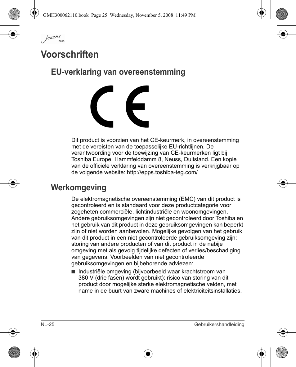 Voorschriften, Eu-verklaring van overeenstemming, Werkomgeving | Toshiba JournE F810 User Manual | Page 220 / 308