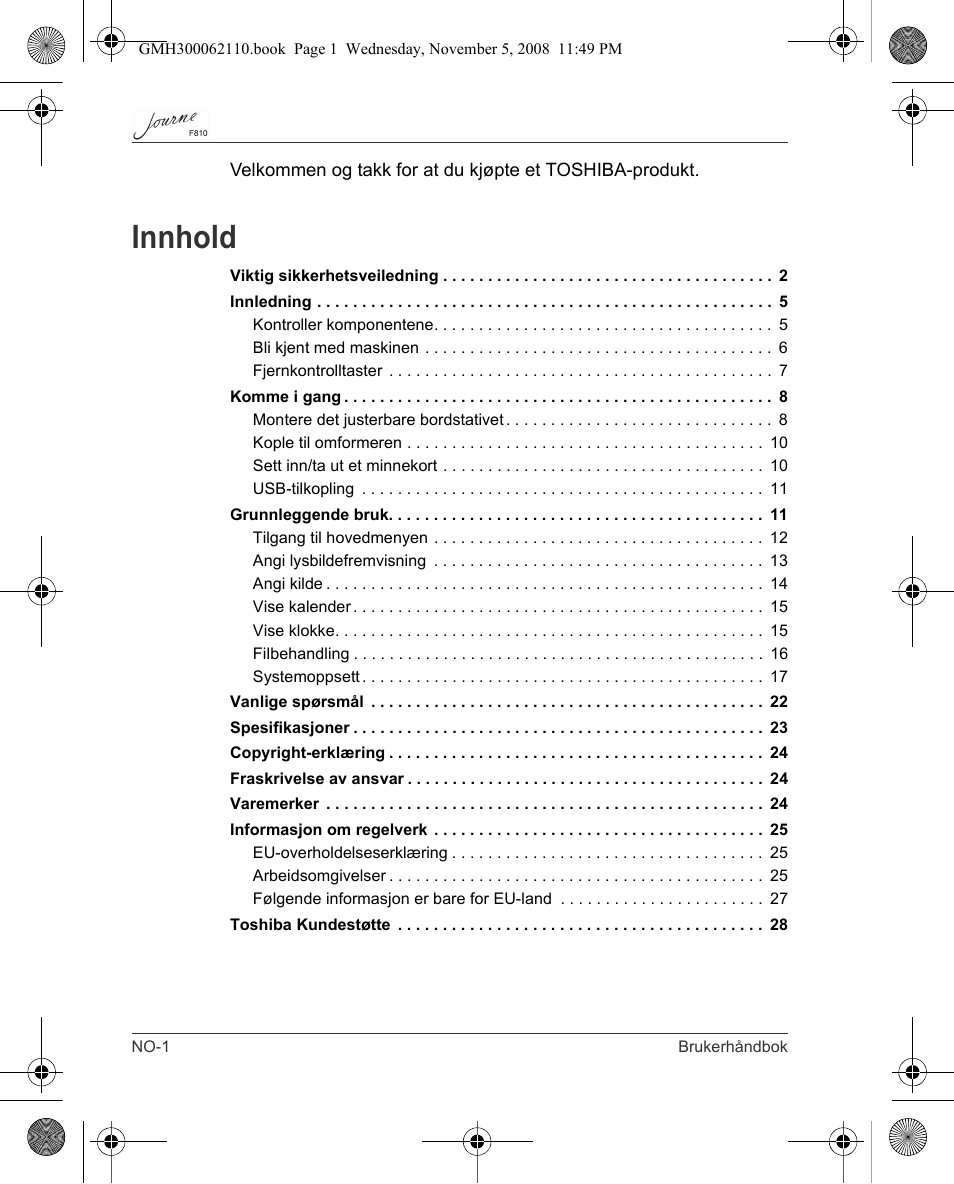 Innhold | Toshiba JournE F810 User Manual | Page 224 / 308