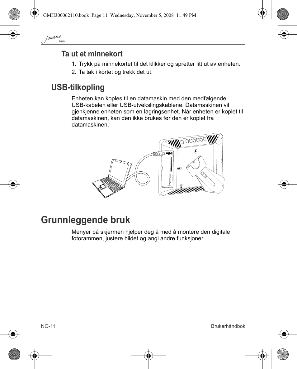 Grunnleggende bruk, Usb-tilkopling, Ta ut et minnekort | Toshiba JournE F810 User Manual | Page 234 / 308