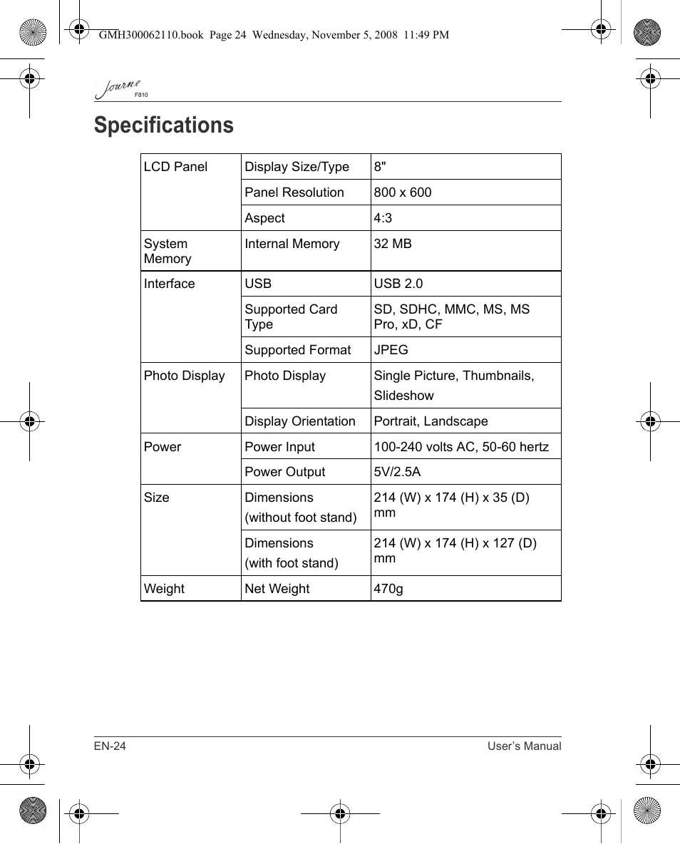 Specifications | Toshiba JournE F810 User Manual | Page 24 / 308