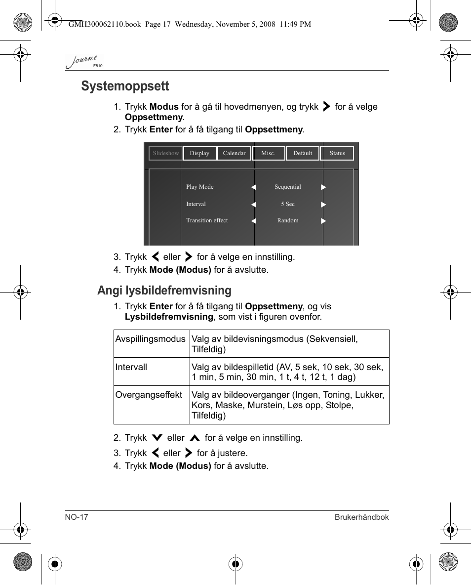 Systemoppsett, Angi lysbildefremvisning | Toshiba JournE F810 User Manual | Page 240 / 308