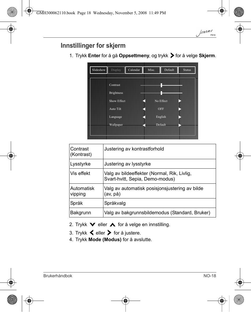 Innstillinger for skjerm | Toshiba JournE F810 User Manual | Page 241 / 308