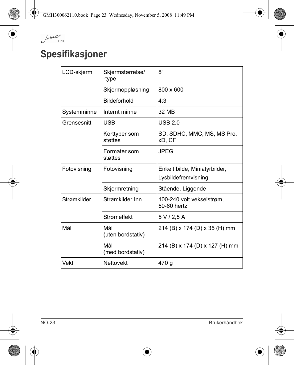 Spesifikasjoner | Toshiba JournE F810 User Manual | Page 246 / 308