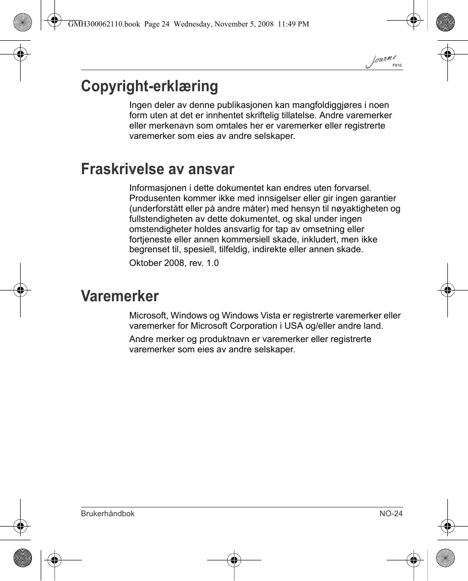 Copyright-erklæring, Fraskrivelse av ansvar, Varemerker | Toshiba JournE F810 User Manual | Page 247 / 308