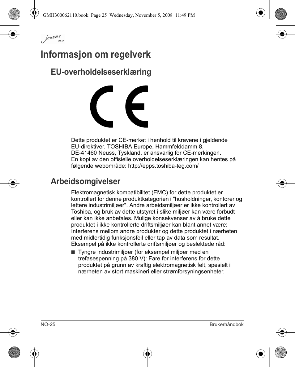 Informasjon om regelverk, Eu-overholdelseserklæring, Arbeidsomgivelser | Toshiba JournE F810 User Manual | Page 248 / 308