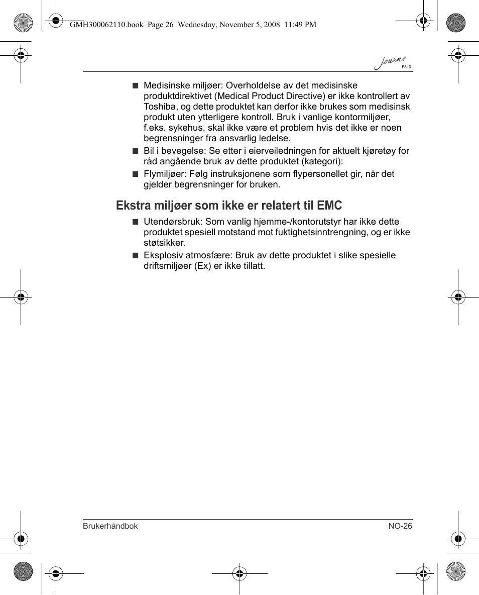 Ekstra miljøer som ikke er relatert til emc | Toshiba JournE F810 User Manual | Page 249 / 308
