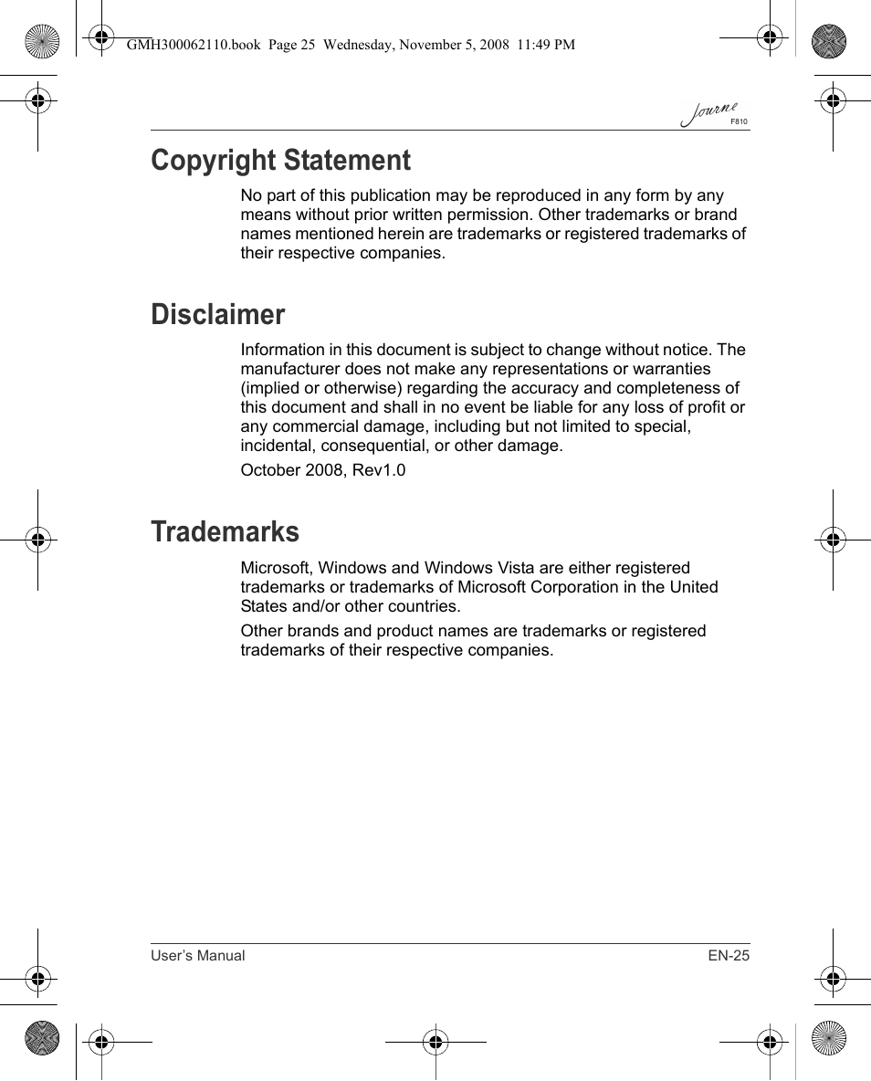 Copyright statement, Disclaimer, Trademarks | Toshiba JournE F810 User Manual | Page 25 / 308