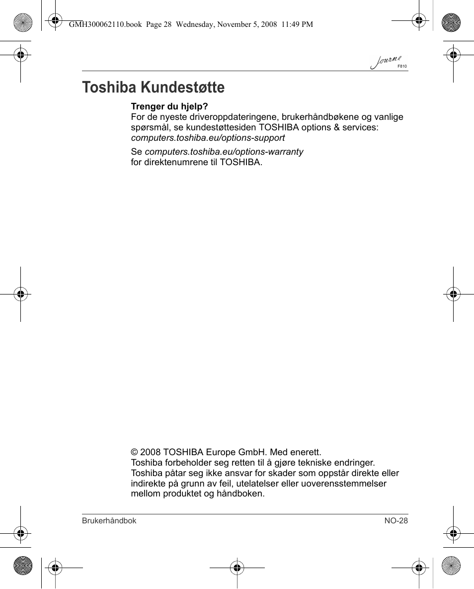 Toshiba kundestøtte | Toshiba JournE F810 User Manual | Page 251 / 308