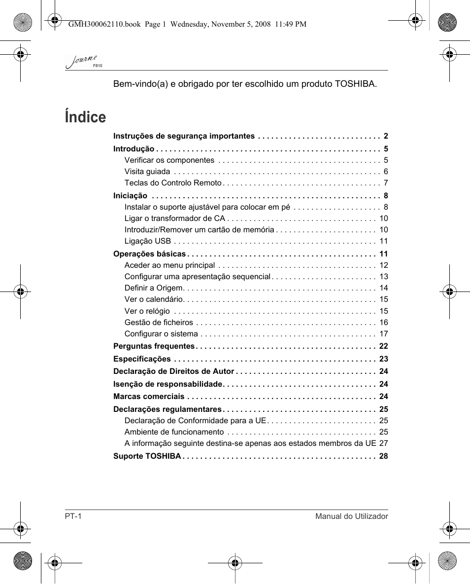 Índice | Toshiba JournE F810 User Manual | Page 252 / 308