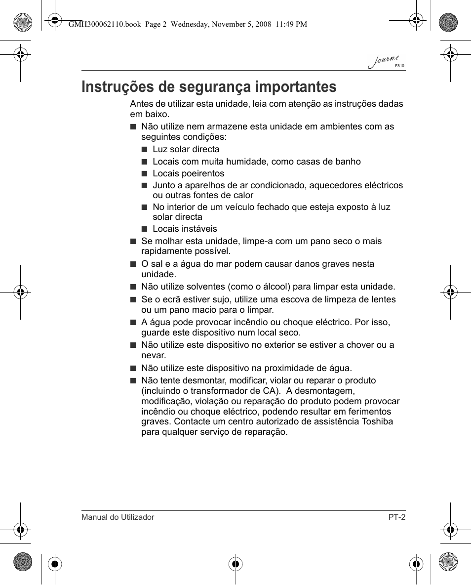 Instruções de segurança importantes | Toshiba JournE F810 User Manual | Page 253 / 308