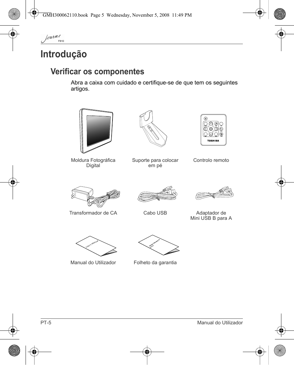 Introdução, Verificar os componentes | Toshiba JournE F810 User Manual | Page 256 / 308