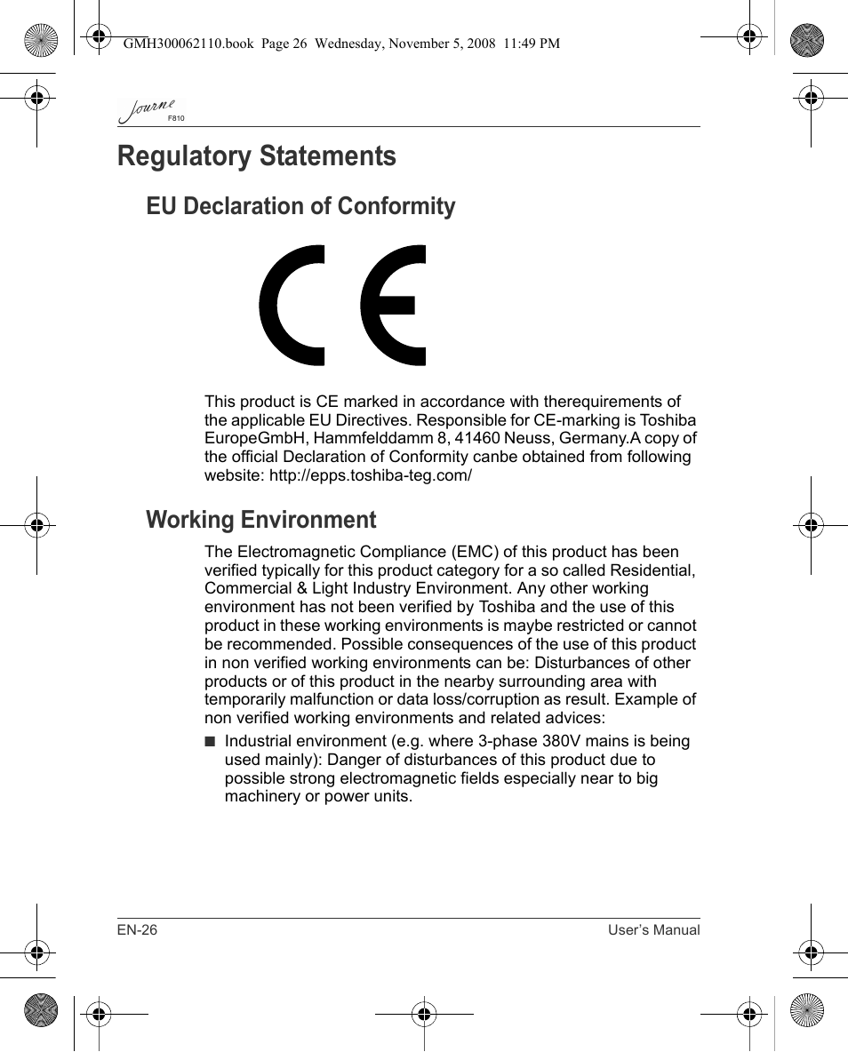 Regulatory statements, Eu declaration of conformity, Working environment | Toshiba JournE F810 User Manual | Page 26 / 308