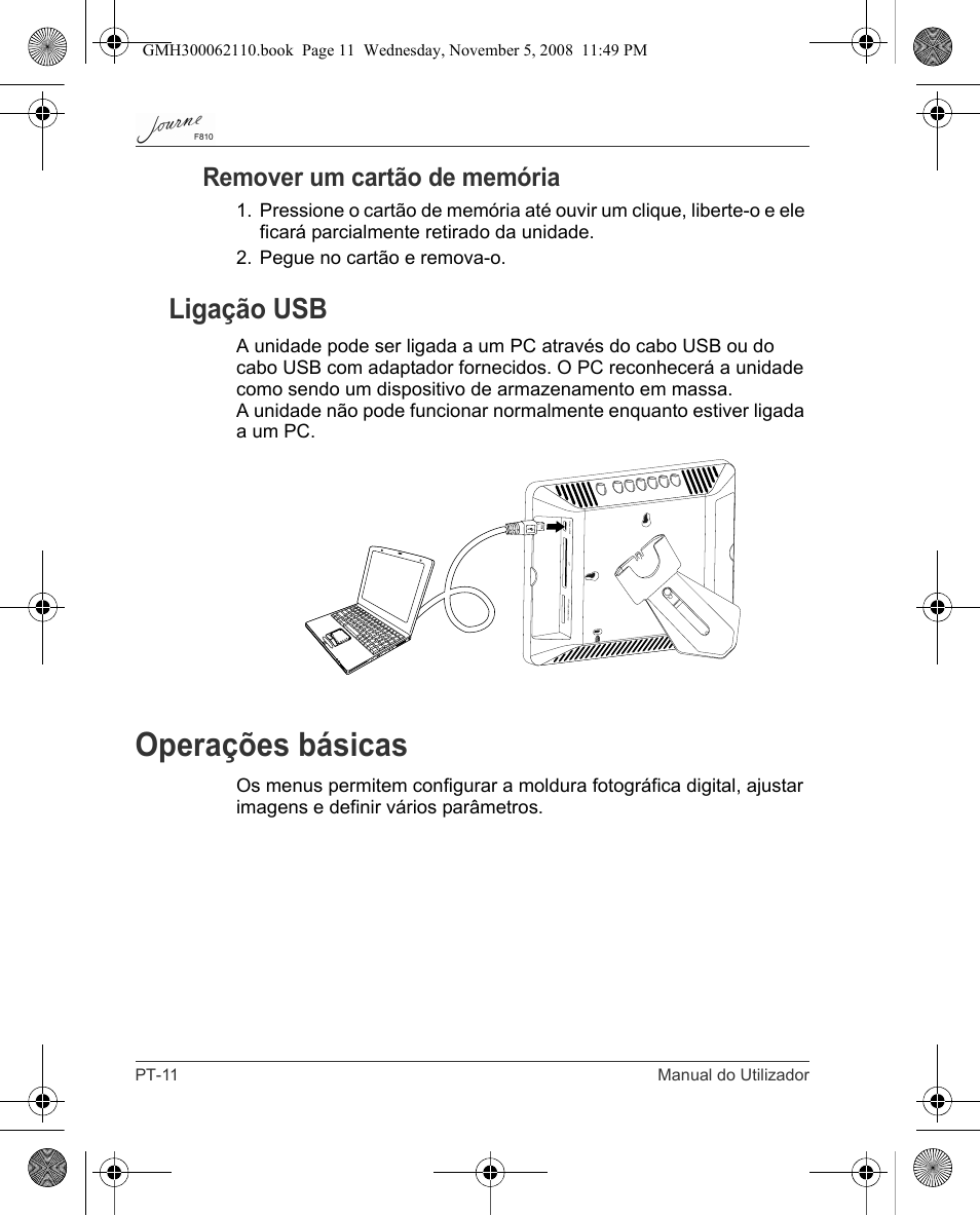 Operações básicas, Ligação usb, Remover um cartão de memória | Toshiba JournE F810 User Manual | Page 262 / 308