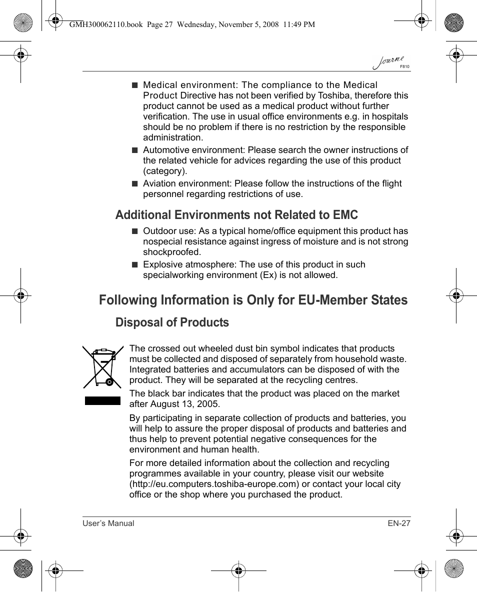 Following information is only for eu-member states, Additional environments not related to emc, Disposal of products | Toshiba JournE F810 User Manual | Page 27 / 308
