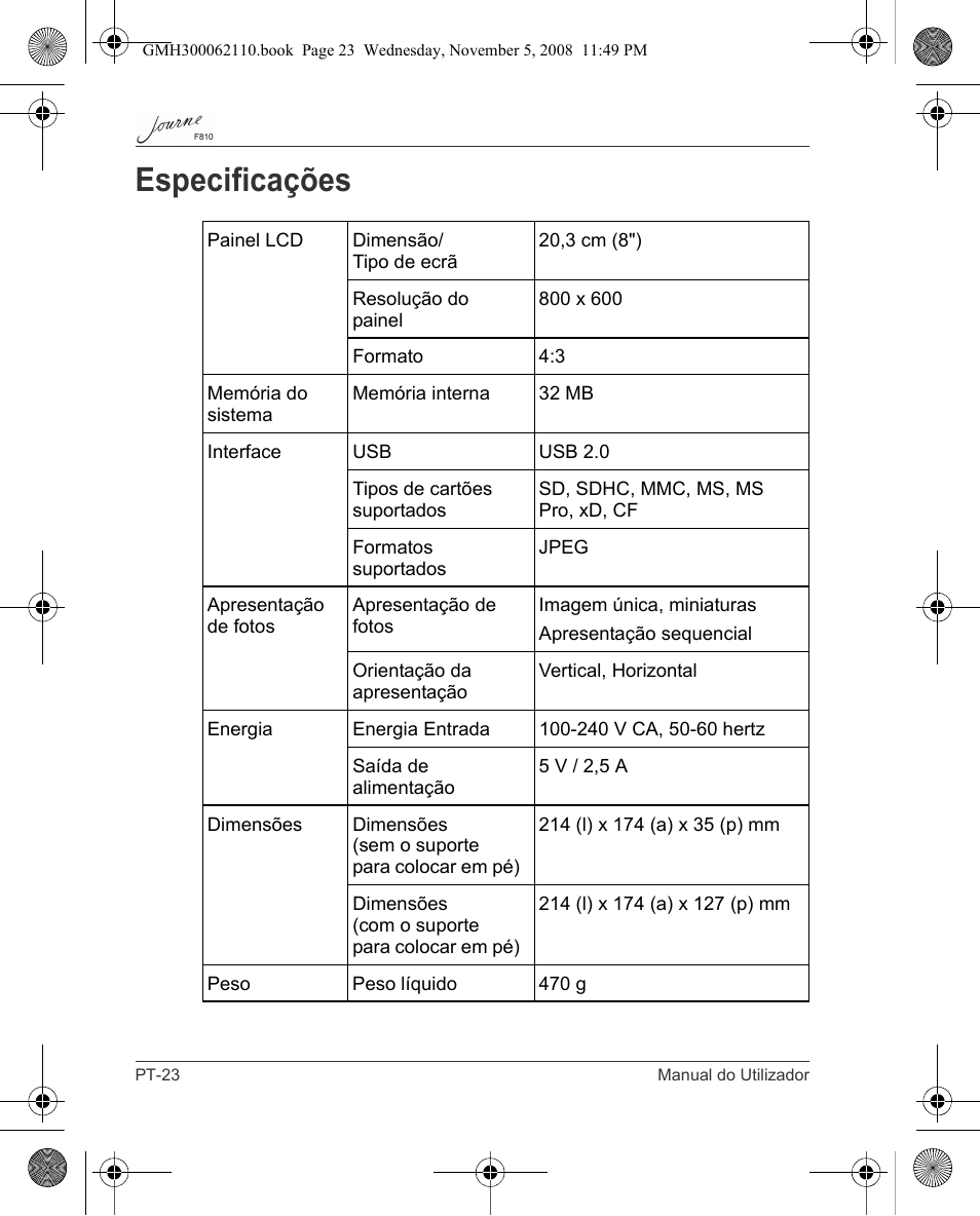 Especificações | Toshiba JournE F810 User Manual | Page 274 / 308