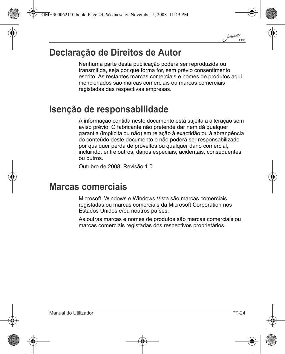 Declaração de direitos de autor, Isenção de responsabilidade, Marcas comerciais | Toshiba JournE F810 User Manual | Page 275 / 308