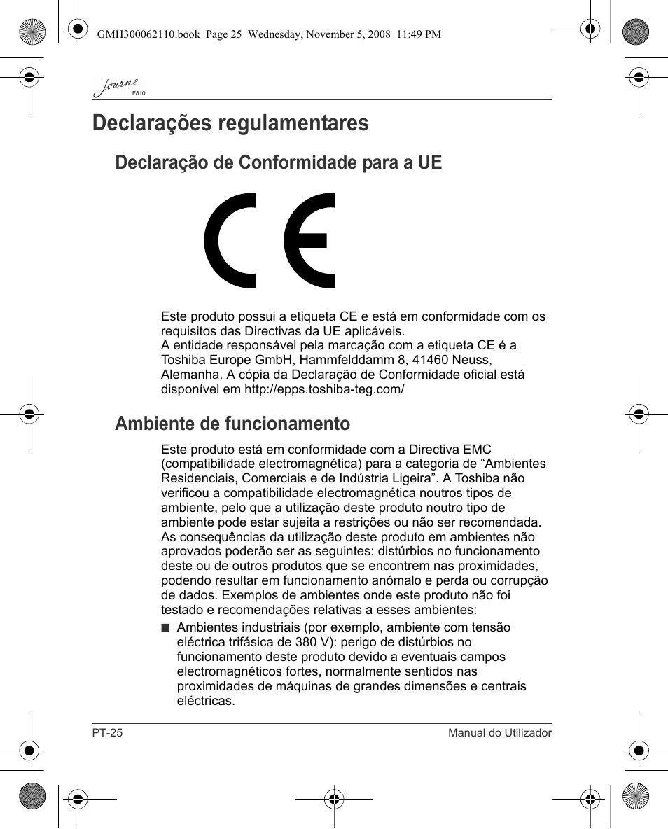 Declarações regulamentares, Declaração de conformidade para a ue, Ambiente de funcionamento | Toshiba JournE F810 User Manual | Page 276 / 308