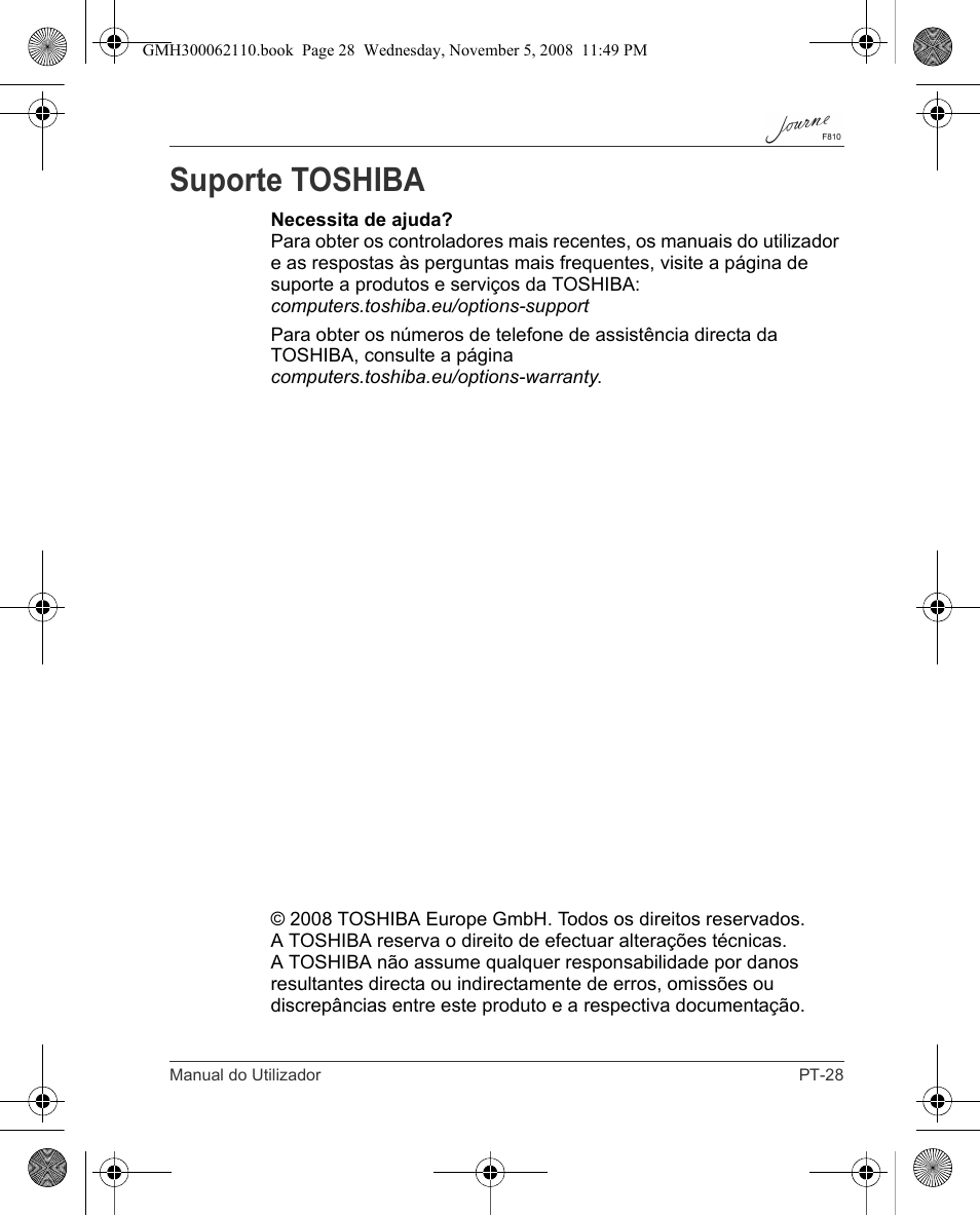 Suporte toshiba | Toshiba JournE F810 User Manual | Page 279 / 308