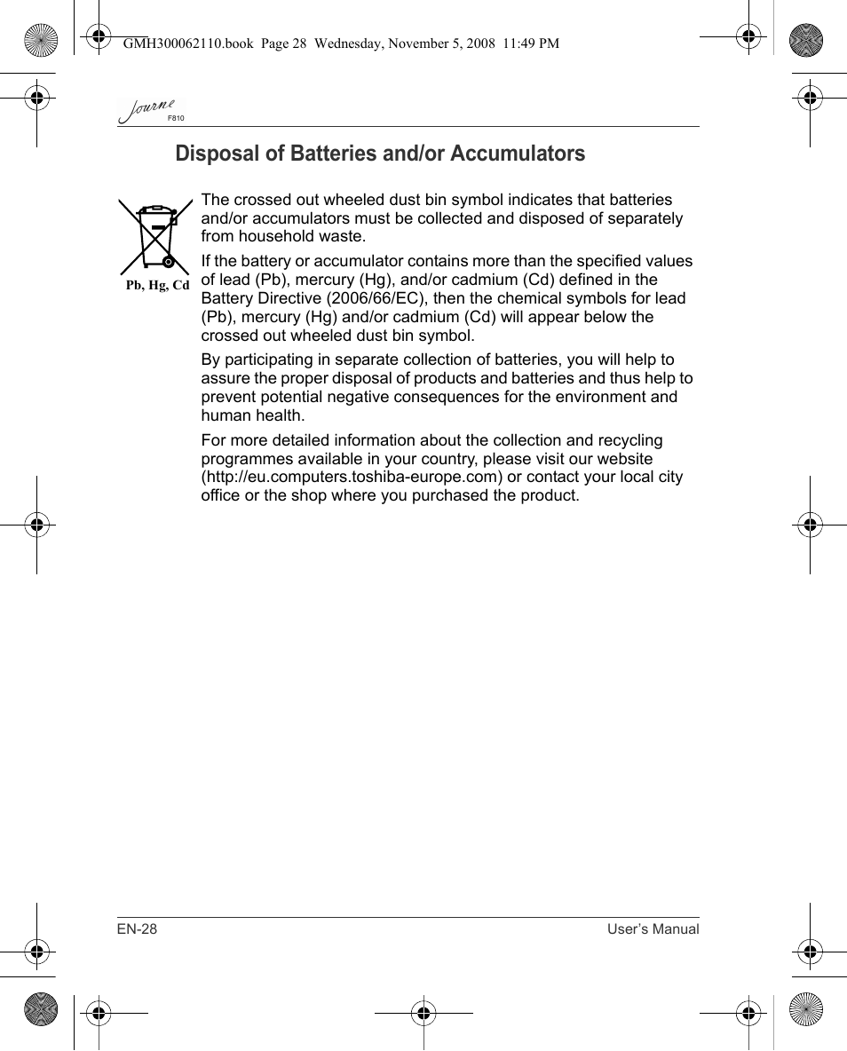 Disposal of batteries and/or accumulators | Toshiba JournE F810 User Manual | Page 28 / 308