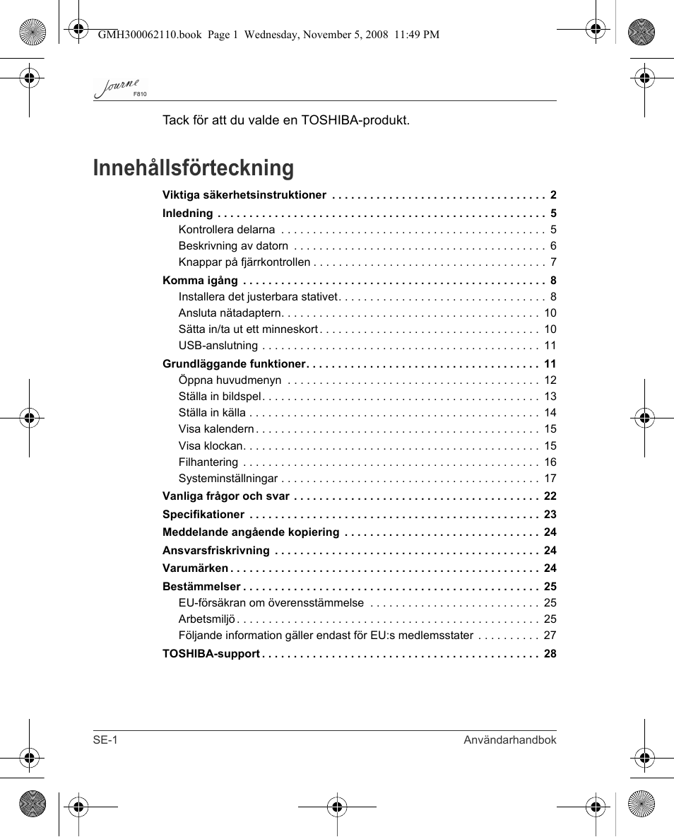 Innehållsförteckning | Toshiba JournE F810 User Manual | Page 280 / 308