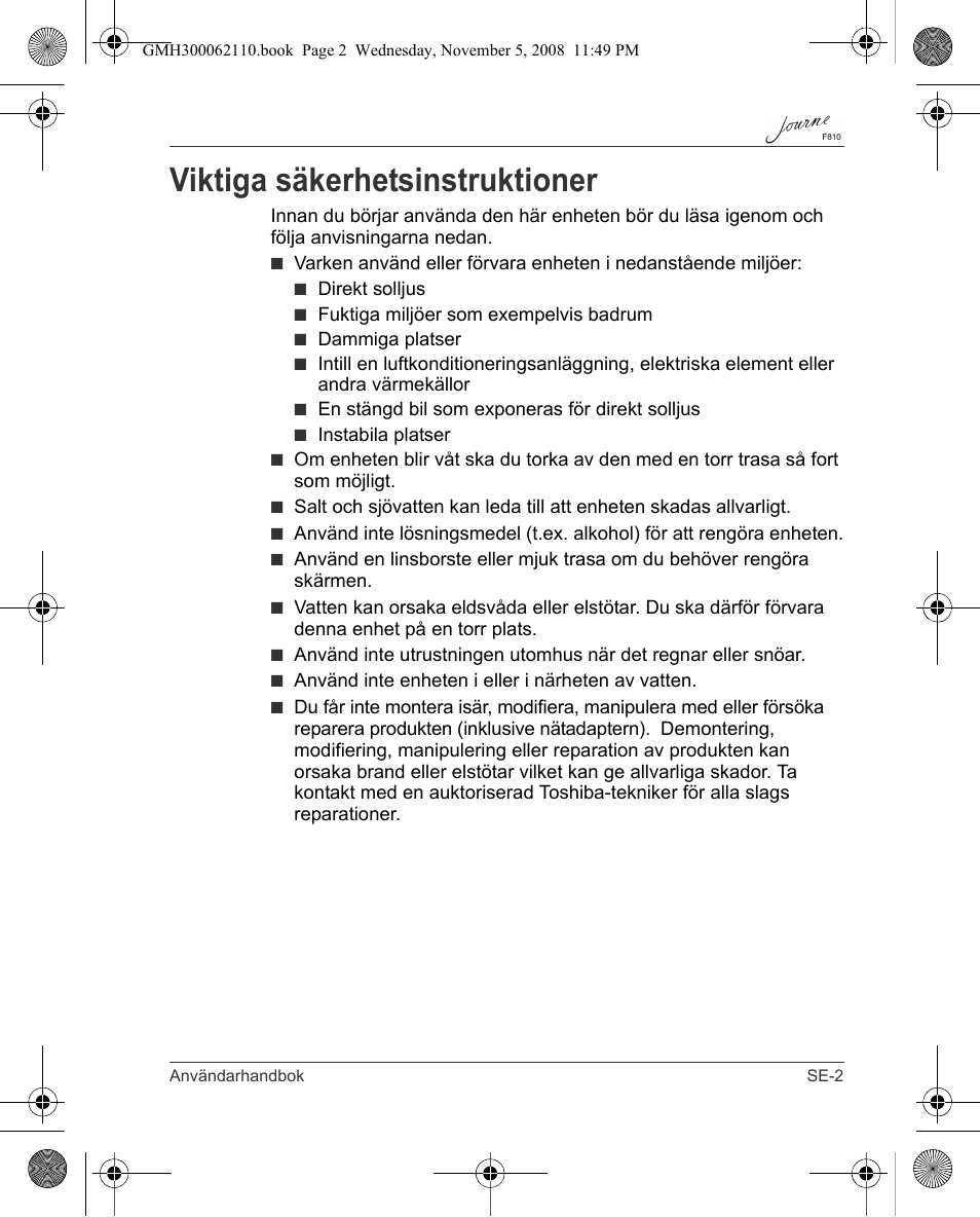 Viktiga säkerhetsinstruktioner | Toshiba JournE F810 User Manual | Page 281 / 308