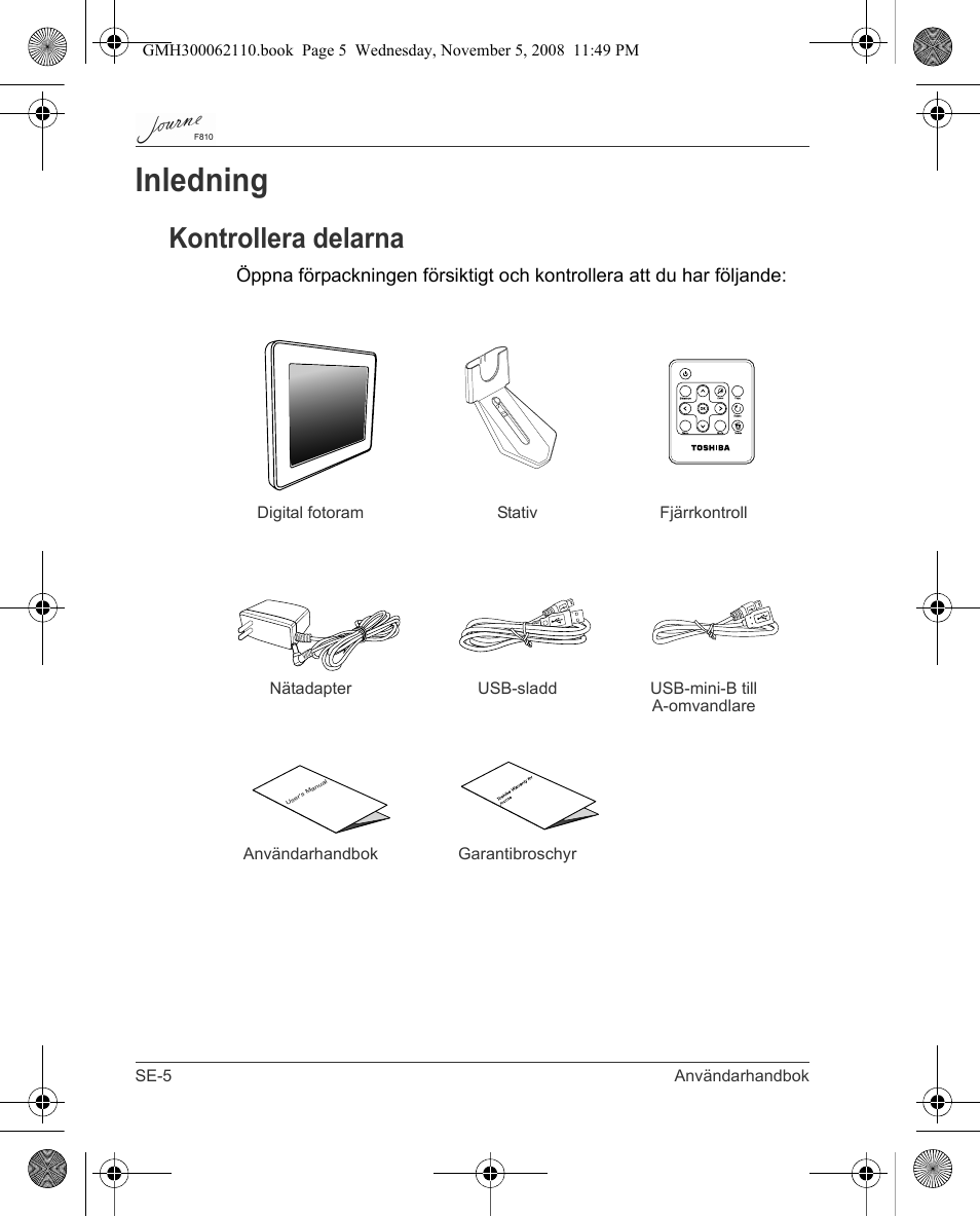Inledning, Kontrollera delarna | Toshiba JournE F810 User Manual | Page 284 / 308