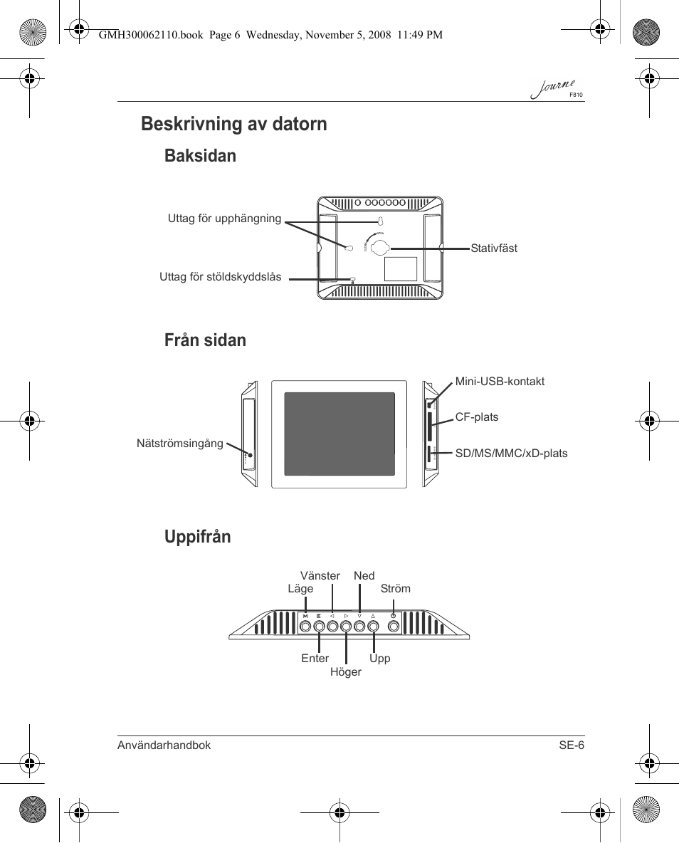 Beskrivning av datorn, Baksidan från sidan uppifrån | Toshiba JournE F810 User Manual | Page 285 / 308