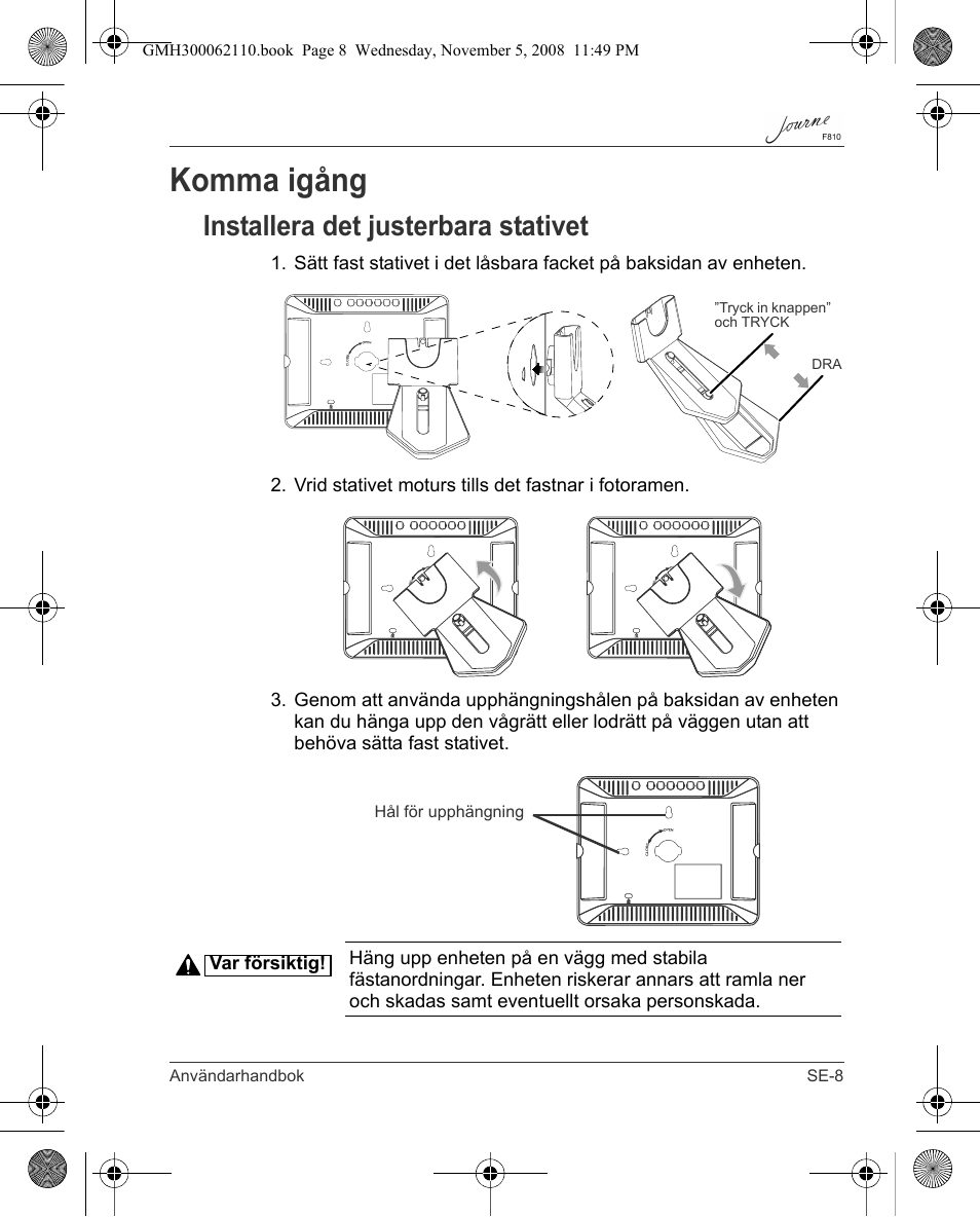 Komma igång, Installera det justerbara stativet | Toshiba JournE F810 User Manual | Page 287 / 308