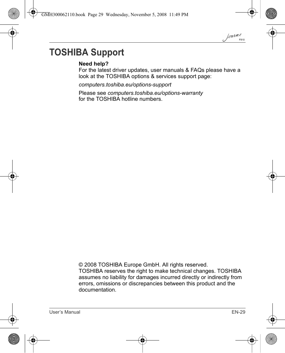 Toshiba support | Toshiba JournE F810 User Manual | Page 29 / 308