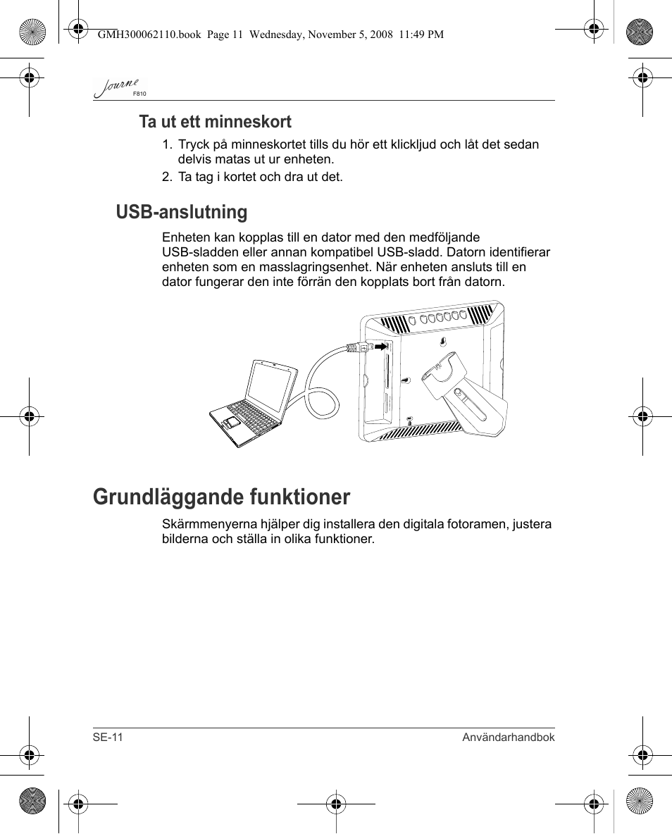 Grundläggande funktioner, Usb-anslutning, Ta ut ett minneskort | Toshiba JournE F810 User Manual | Page 290 / 308