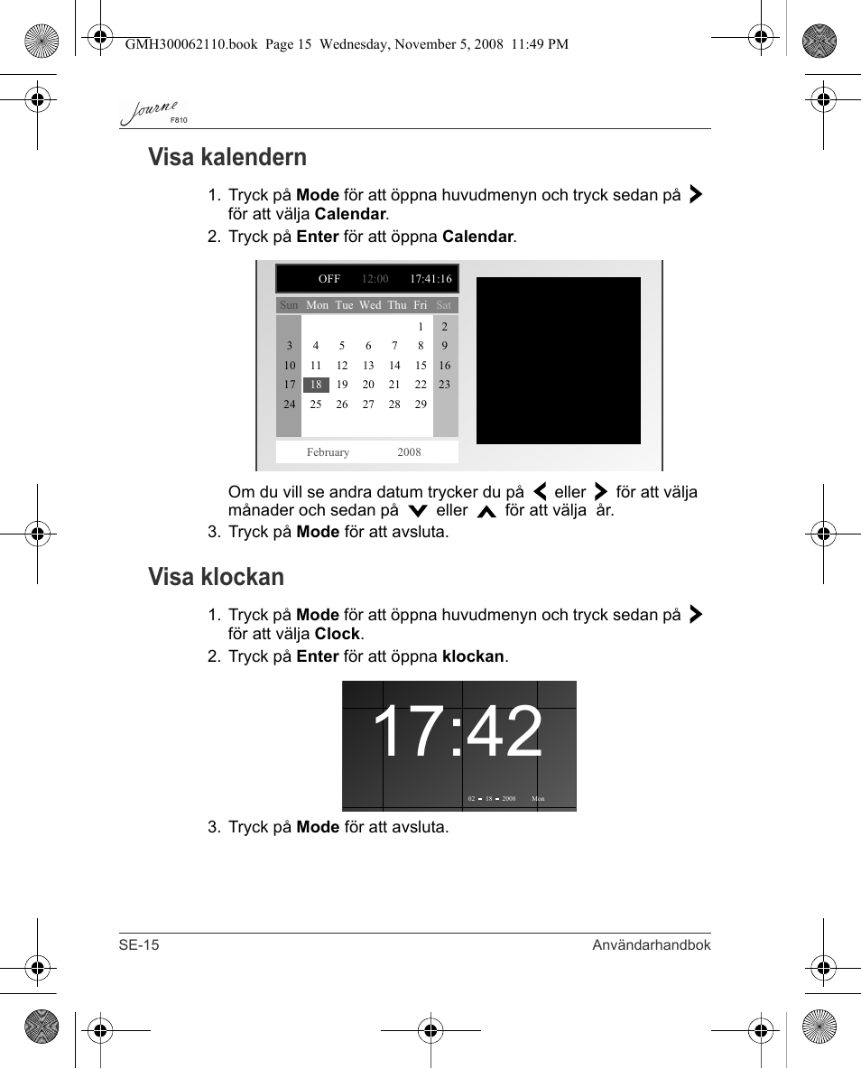 Visa kalendern, Visa klockan | Toshiba JournE F810 User Manual | Page 294 / 308