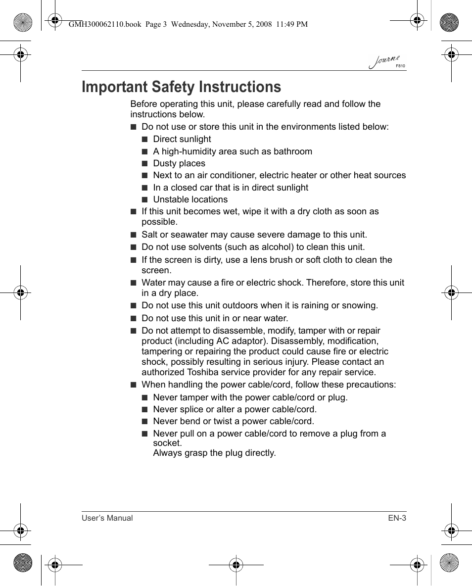 Important safety instructions | Toshiba JournE F810 User Manual | Page 3 / 308