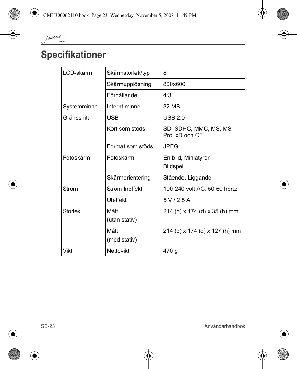 Specifikationer | Toshiba JournE F810 User Manual | Page 302 / 308
