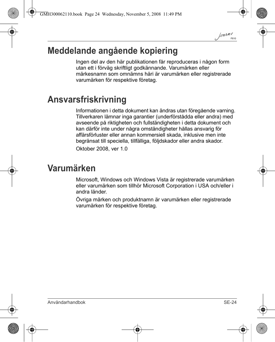 Meddelande angående kopiering, Ansvarsfriskrivning, Varumärken | Toshiba JournE F810 User Manual | Page 303 / 308