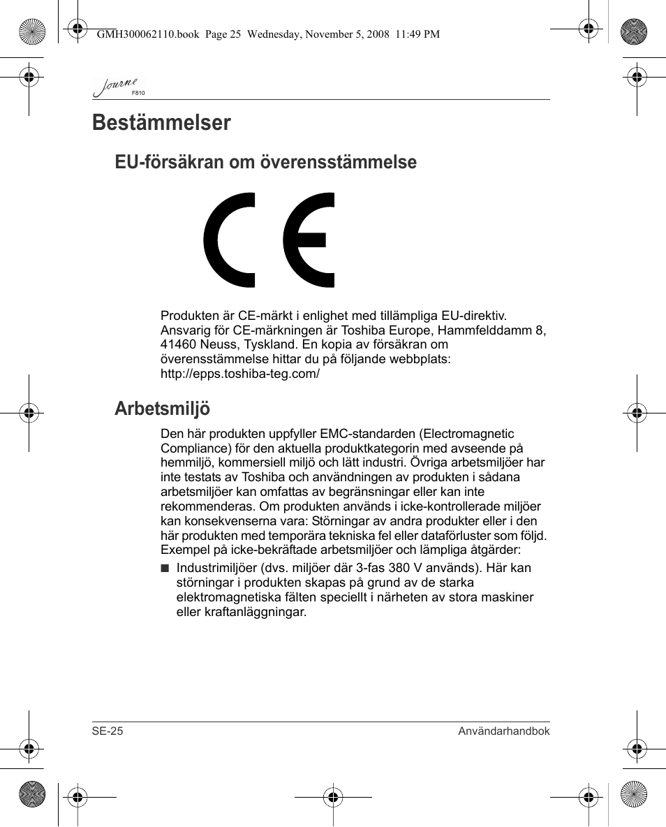 Bestämmelser, Eu-försäkran om överensstämmelse, Arbetsmiljö | Toshiba JournE F810 User Manual | Page 304 / 308