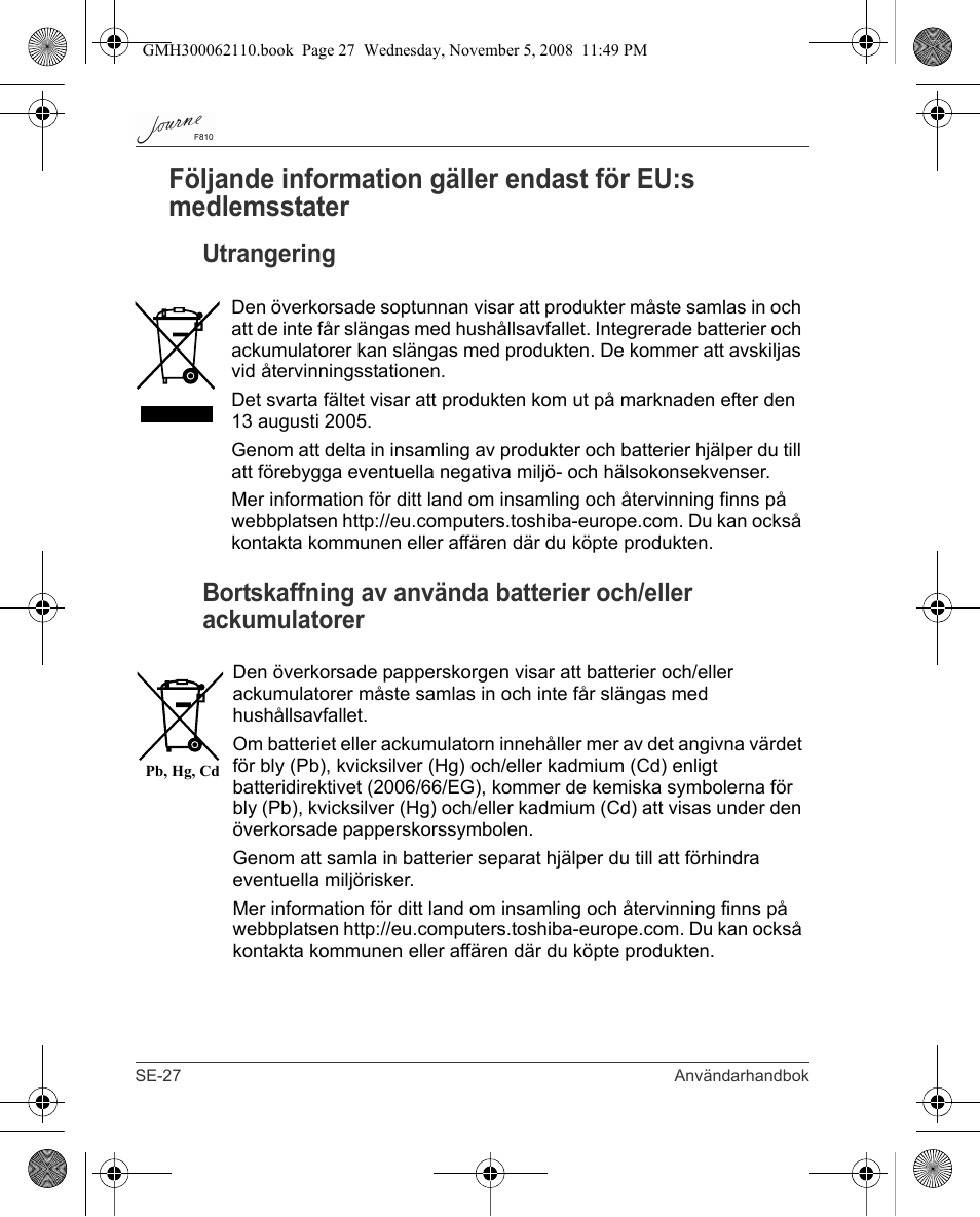 Toshiba JournE F810 User Manual | Page 306 / 308