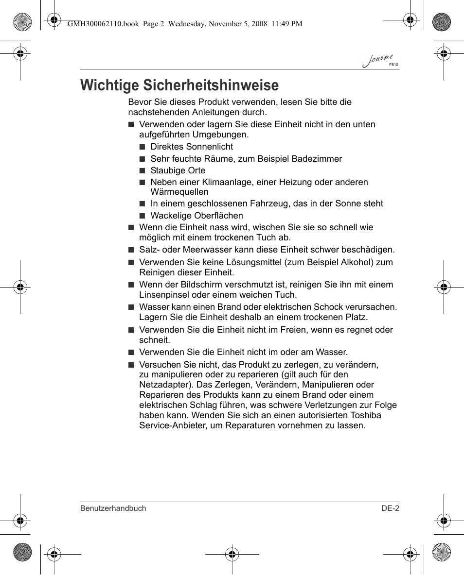 Wichtige sicherheitshinweise | Toshiba JournE F810 User Manual | Page 31 / 308