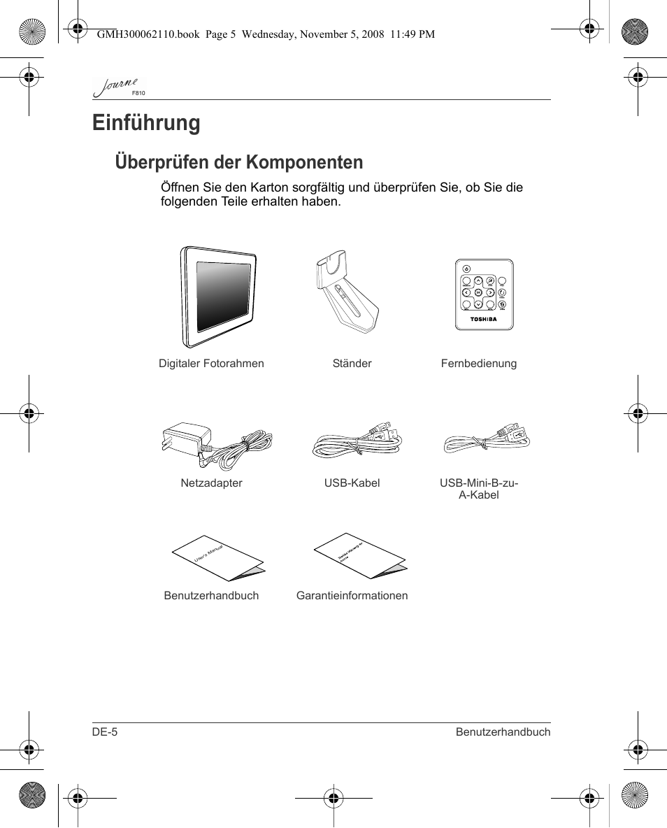 Einführung, Überprüfen der komponenten | Toshiba JournE F810 User Manual | Page 34 / 308