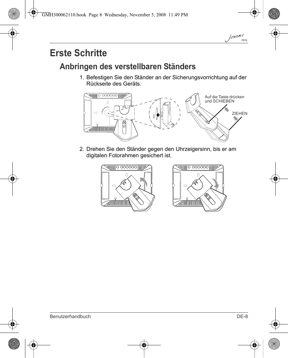 Erste schritte, Anbringen des verstellbaren ständers | Toshiba JournE F810 User Manual | Page 37 / 308