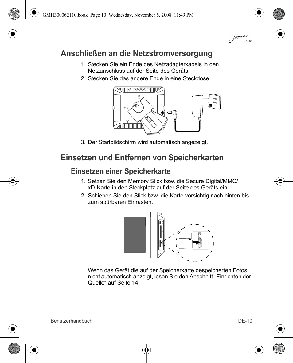 Anschließen an die netzstromversorgung, Einsetzen und entfernen von speicherkarten, Einsetzen einer speicherkarte | Benutzerhandbuch de-10 | Toshiba JournE F810 User Manual | Page 39 / 308