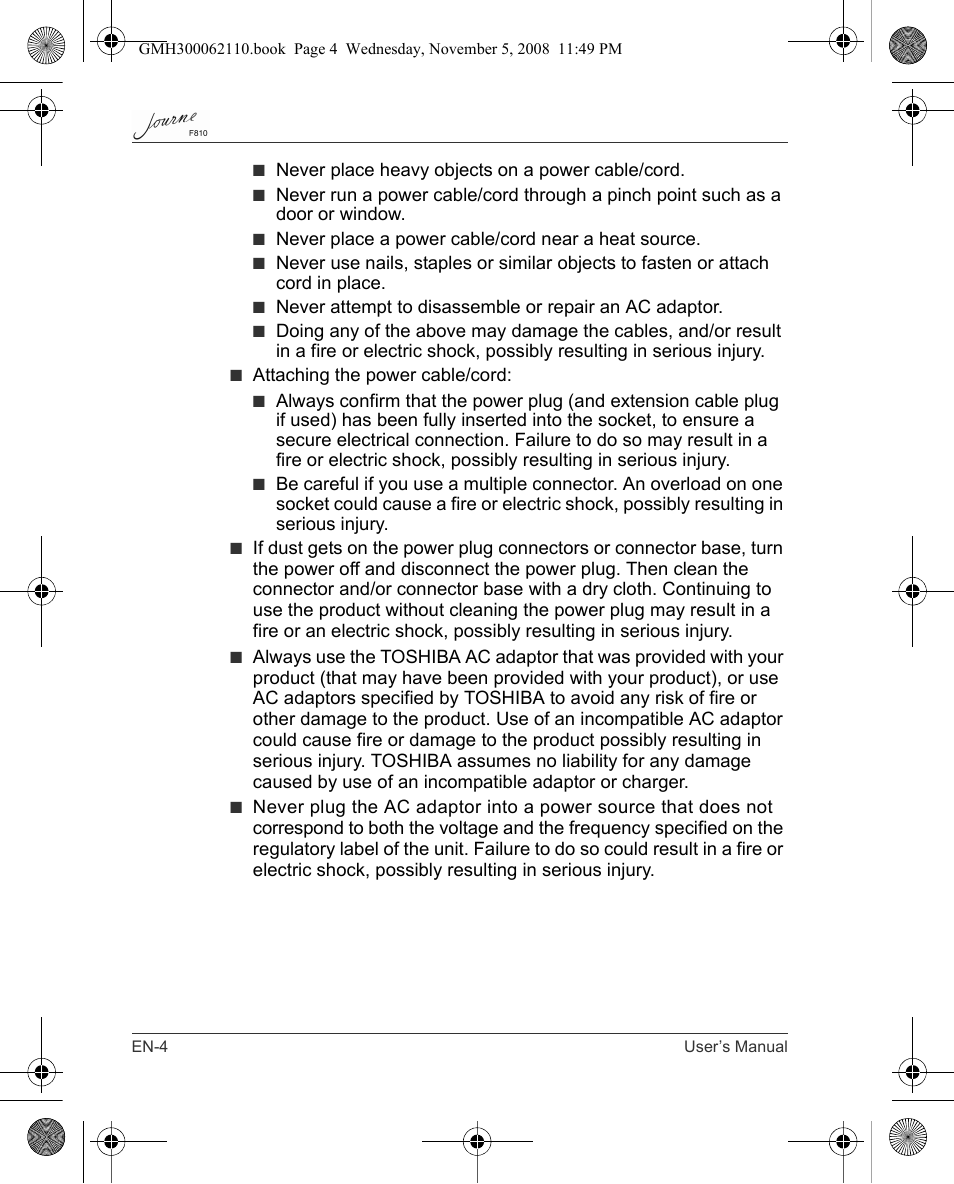 Toshiba JournE F810 User Manual | Page 4 / 308