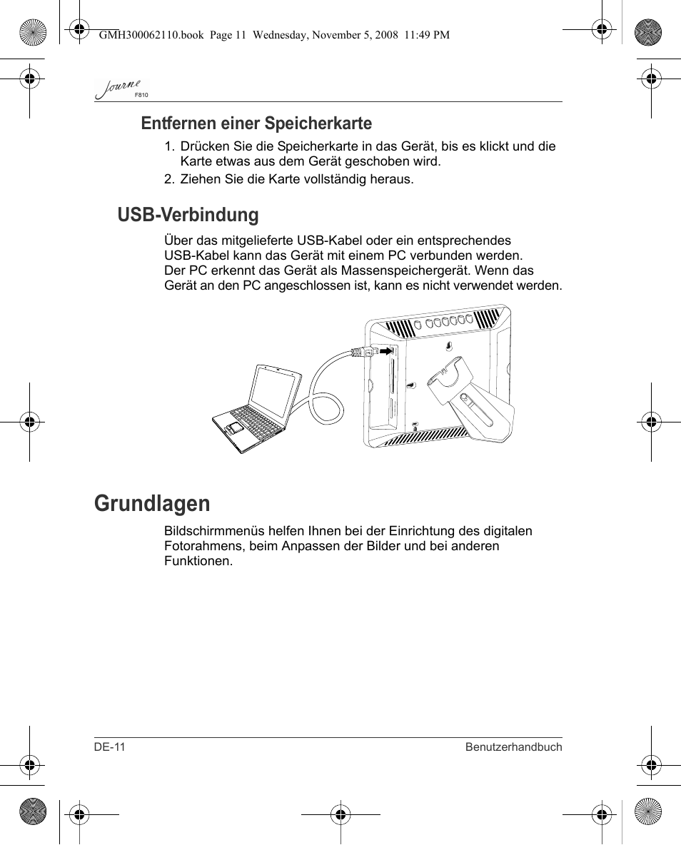 Grundlagen, Usb-verbindung, Entfernen einer speicherkarte | Toshiba JournE F810 User Manual | Page 40 / 308