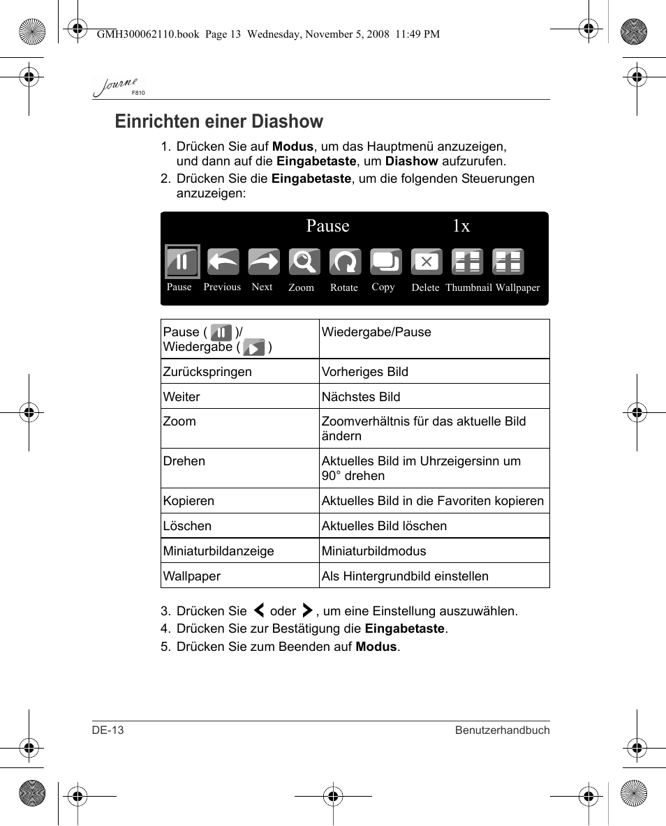 Einrichten einer diashow, Pause 1x | Toshiba JournE F810 User Manual | Page 42 / 308