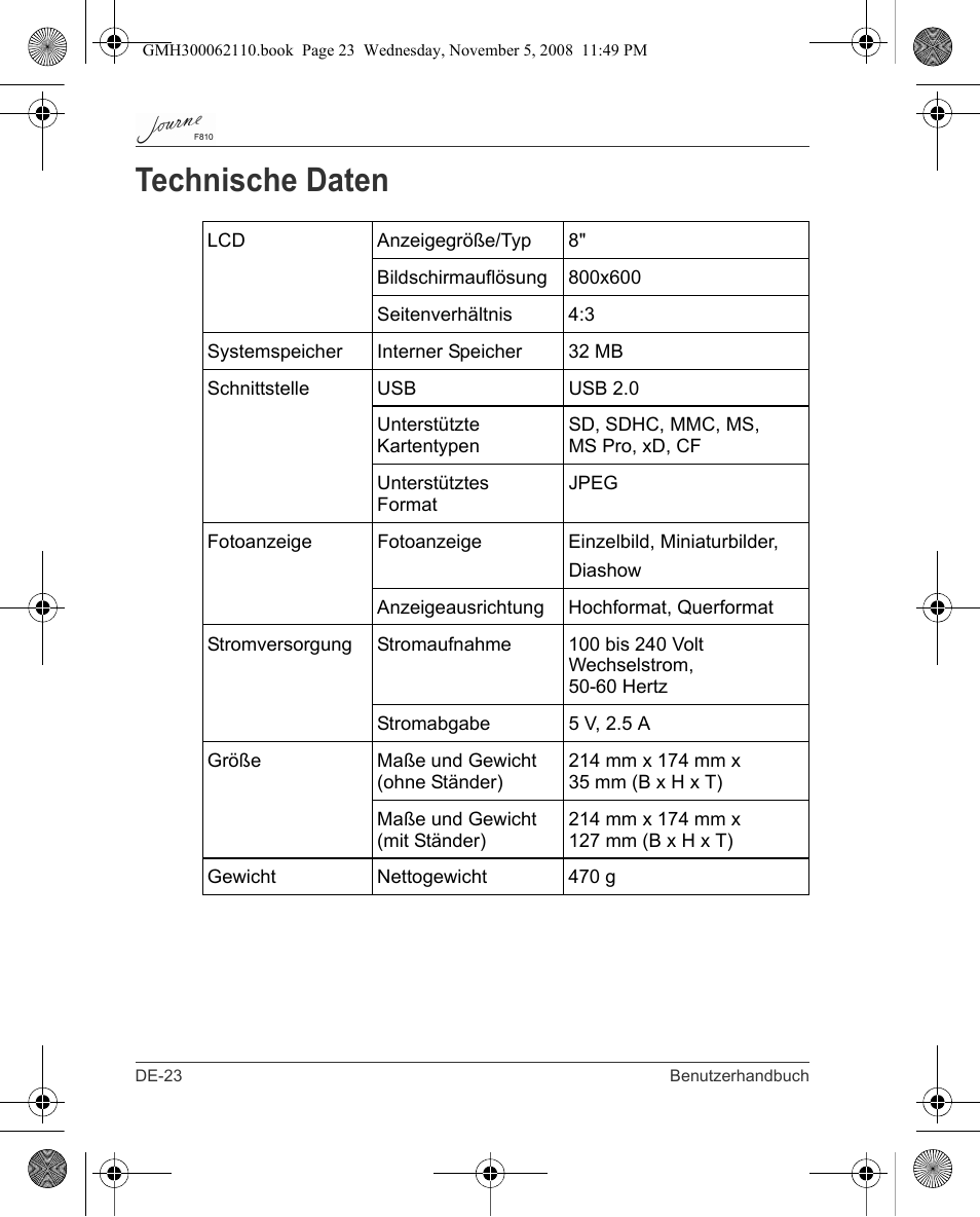 Technische daten | Toshiba JournE F810 User Manual | Page 52 / 308