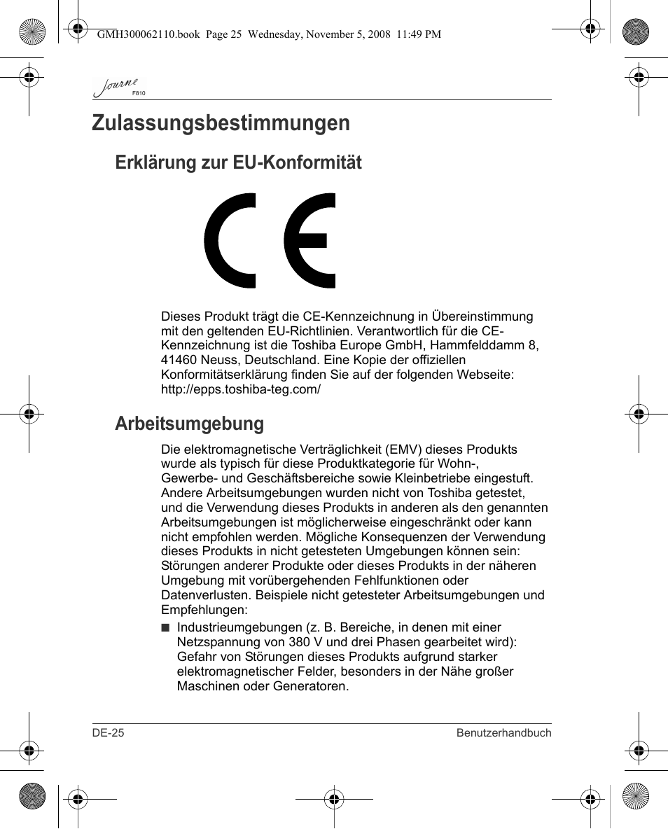 Zulassungsbestimmungen, Erklärung zur eu-konformität, Arbeitsumgebung | Toshiba JournE F810 User Manual | Page 54 / 308