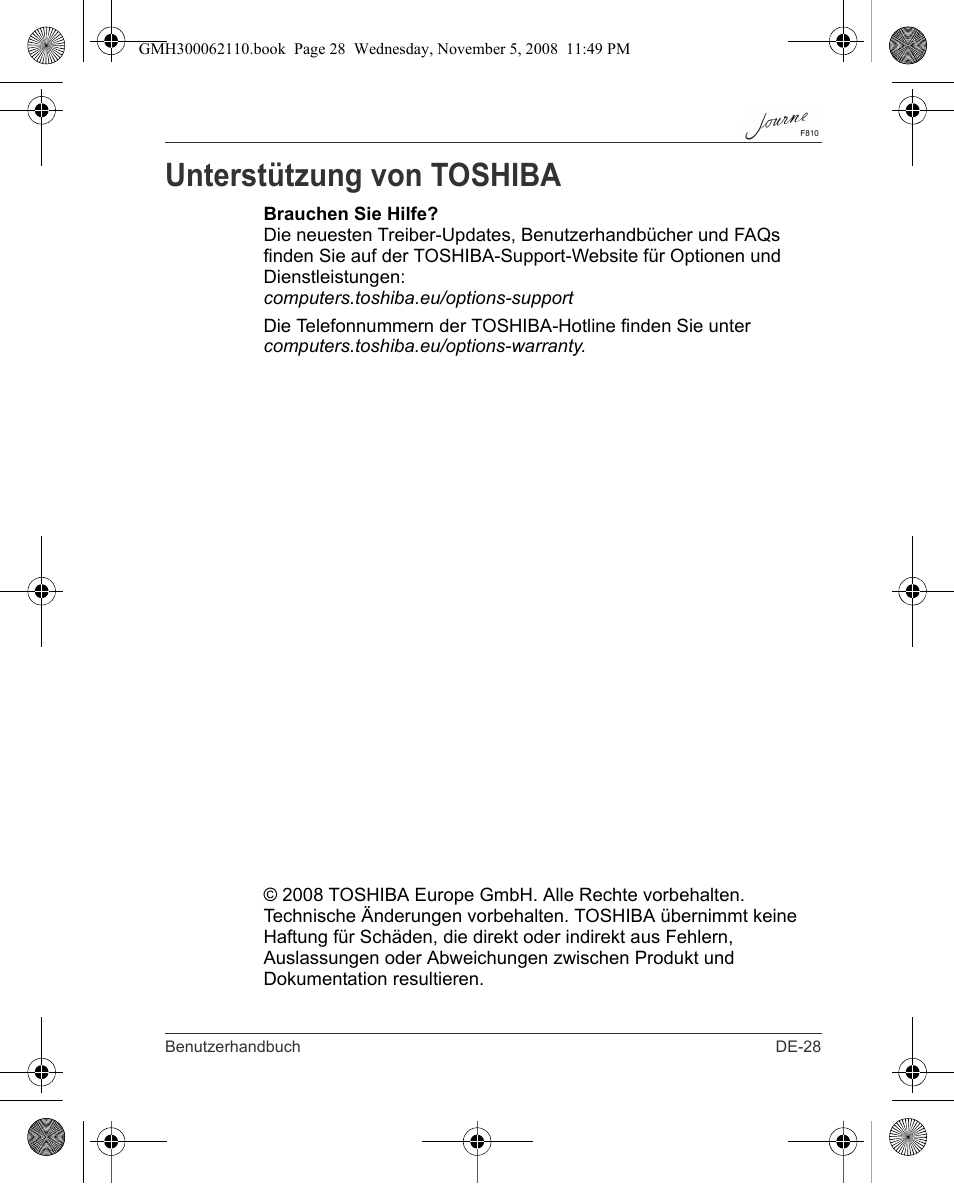 Unterstützung von toshiba | Toshiba JournE F810 User Manual | Page 57 / 308