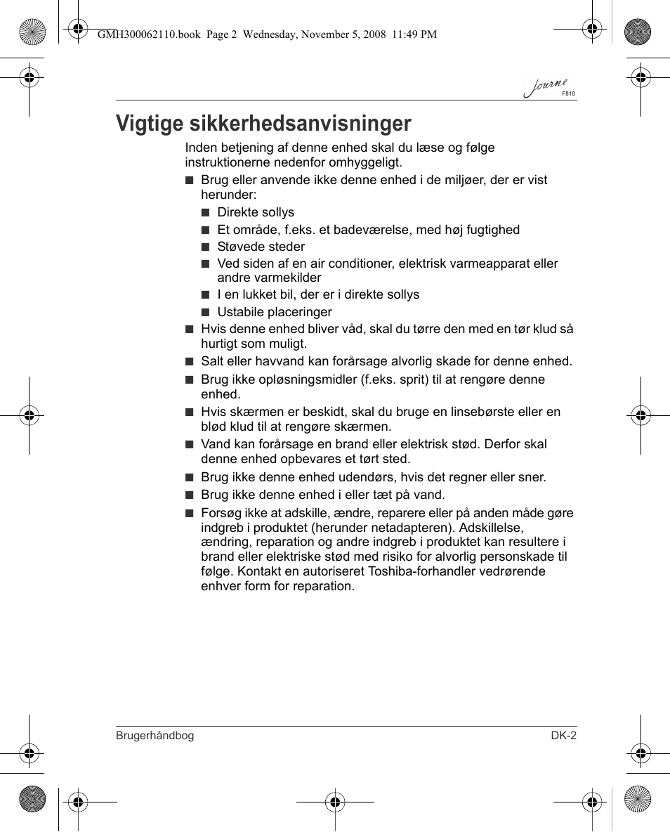 Vigtige sikkerhedsanvisninger | Toshiba JournE F810 User Manual | Page 59 / 308