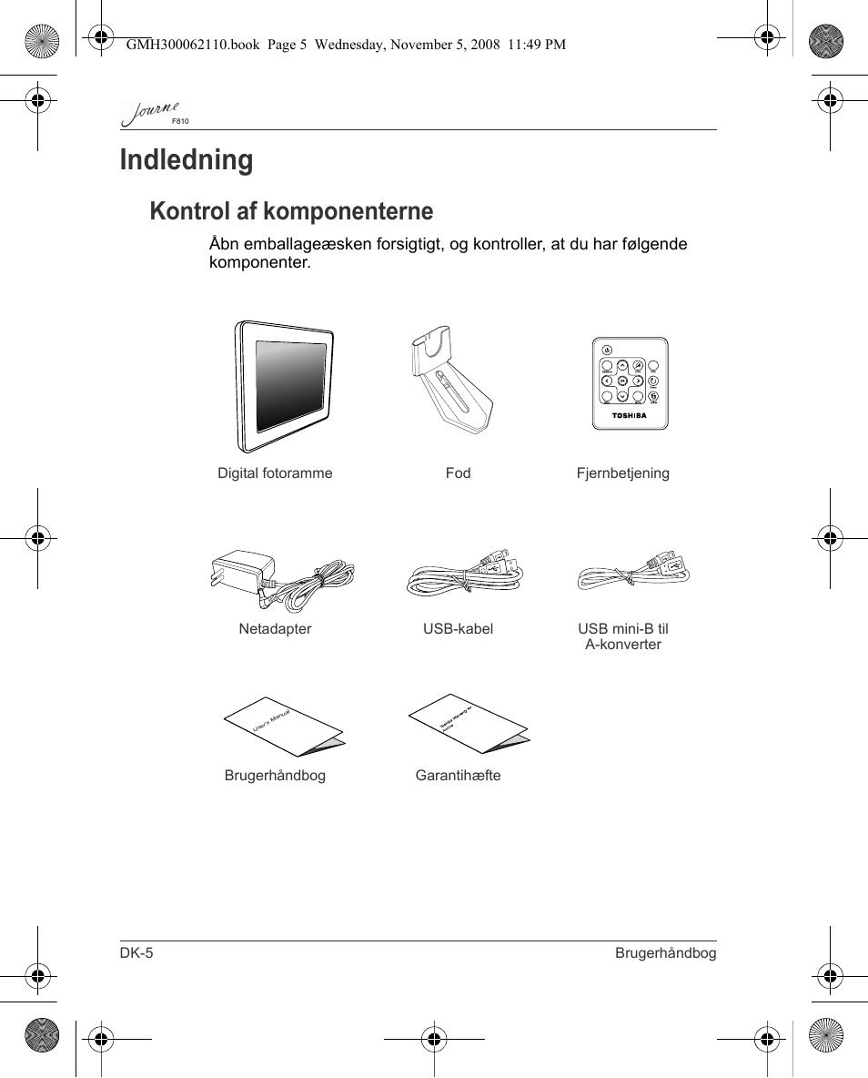 Indledning, Kontrol af komponenterne | Toshiba JournE F810 User Manual | Page 62 / 308