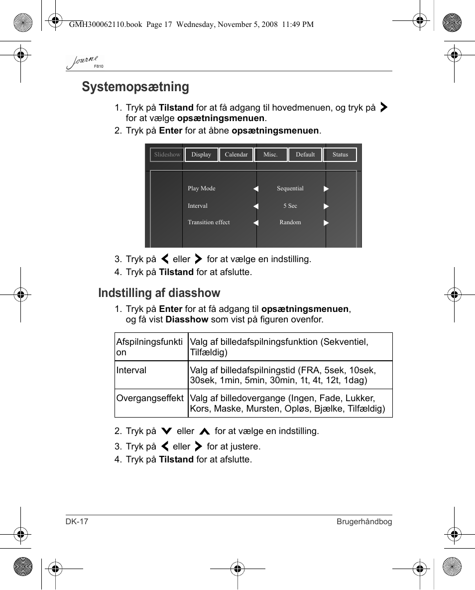 Systemopsætning, Indstilling af diasshow | Toshiba JournE F810 User Manual | Page 74 / 308