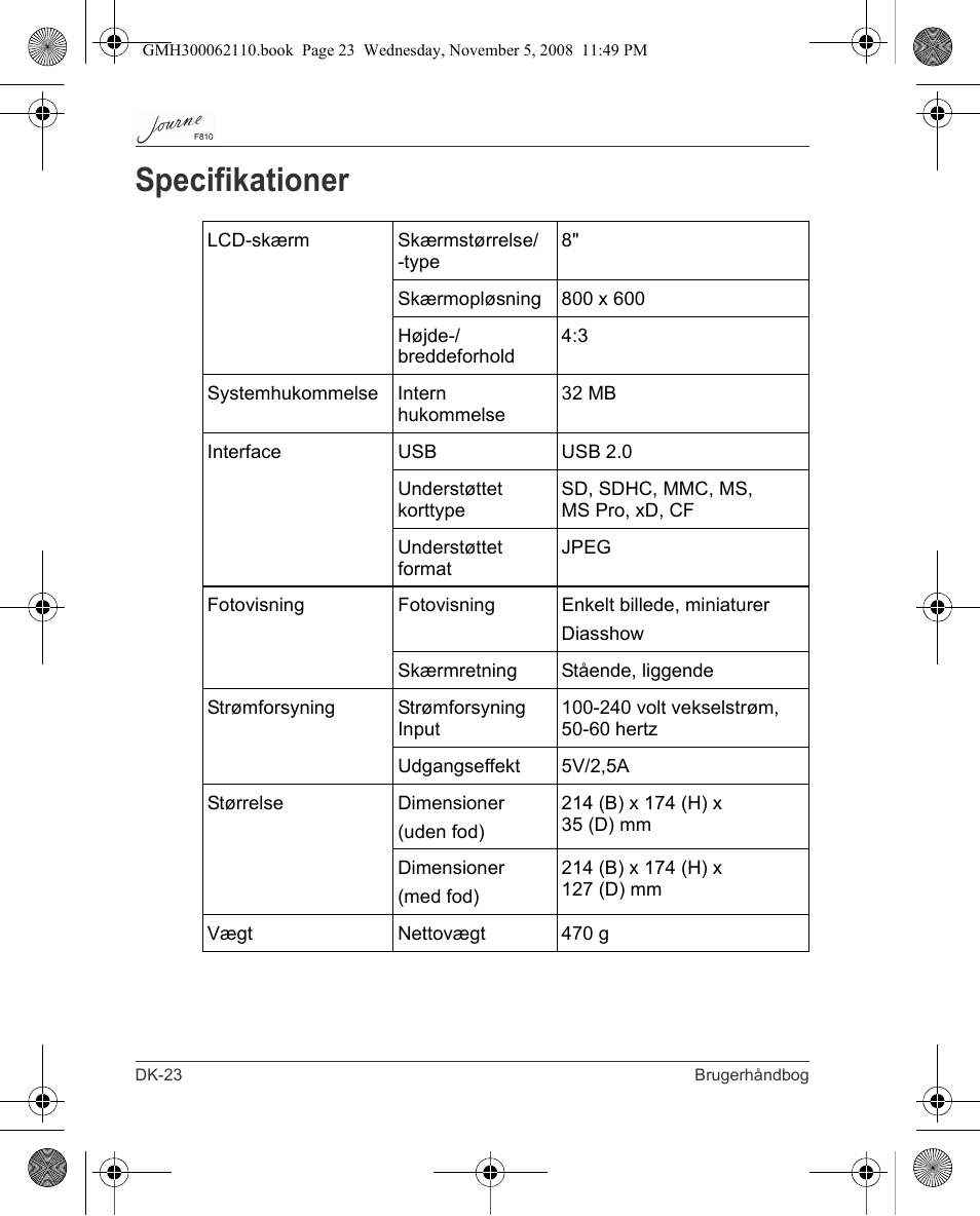 Specifikationer | Toshiba JournE F810 User Manual | Page 80 / 308